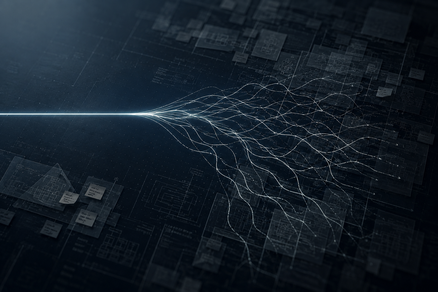 A dark blueprint-style background covered with faint engineering schematics, flow diagrams, and pinned notes. A single bright, clean beam of light enters from the left and fans out into dozens of diverging, tangled threads that spread and scatter across the right side — a visual metaphor for how one clear directive multiplies into many divergent, harder-to-align workstreams under AI-accelerated execution.