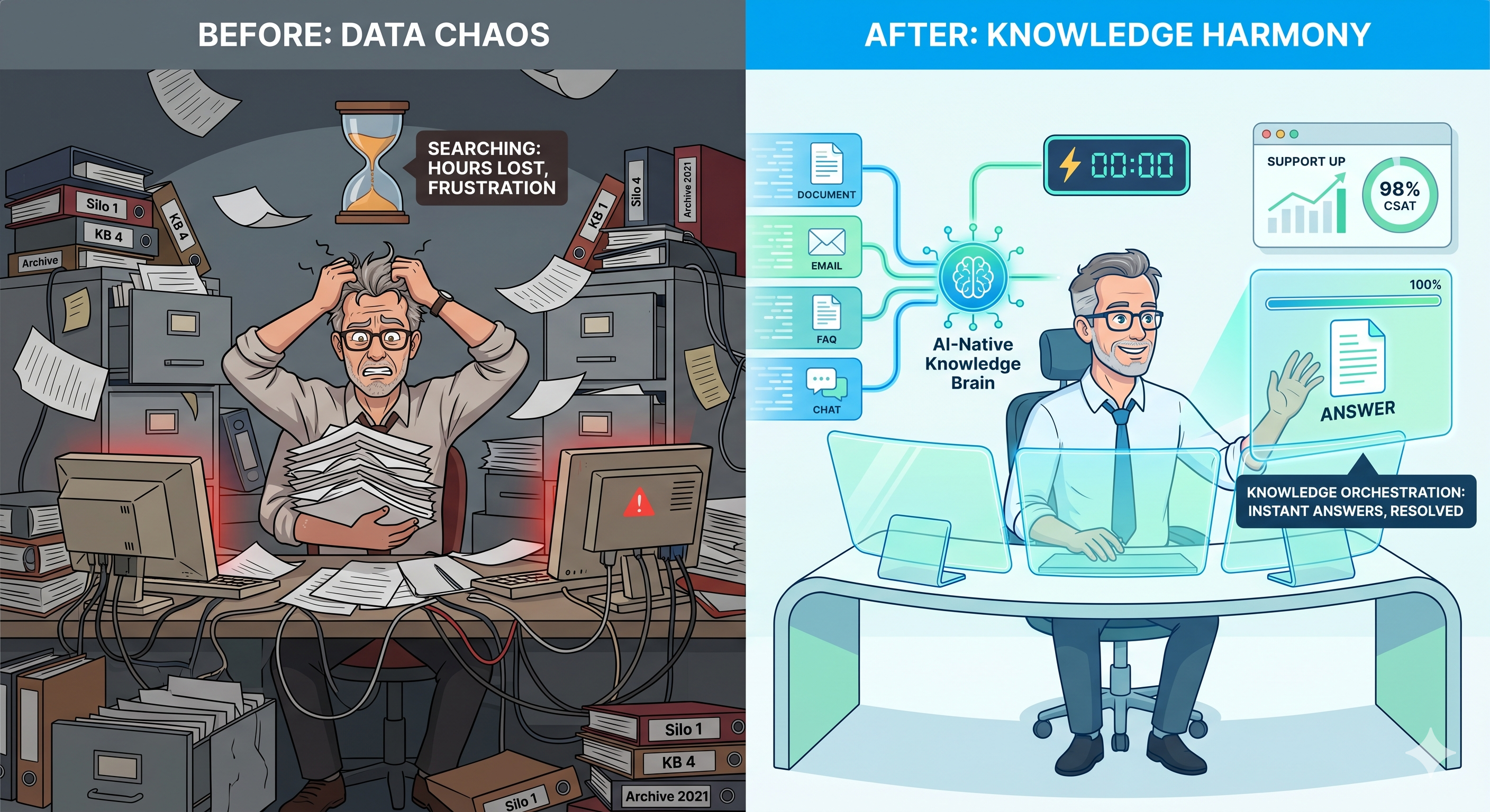 Side-by-side illustration contrasting 'Before: Data Chaos' — a frustrated worker buried in paperwork and silos — with 'After: Knowledge Harmony' — a calm worker using an AI-Native Knowledge Brain that unifies documents, email, FAQ, and chat into instant answers
