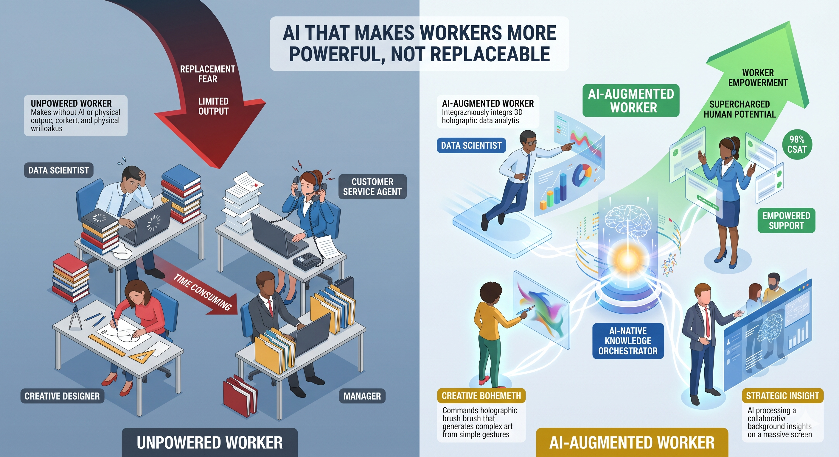 Side-by-side illustration contrasting an 'Unpowered Worker' panel — overwhelmed data scientist, customer service agent, creative designer, and manager buried in books and folders — with an 'AI-Augmented Worker' panel where the same roles are supercharged by an AI-Native Knowledge Orchestrator, with a green arrow showing worker empowerment