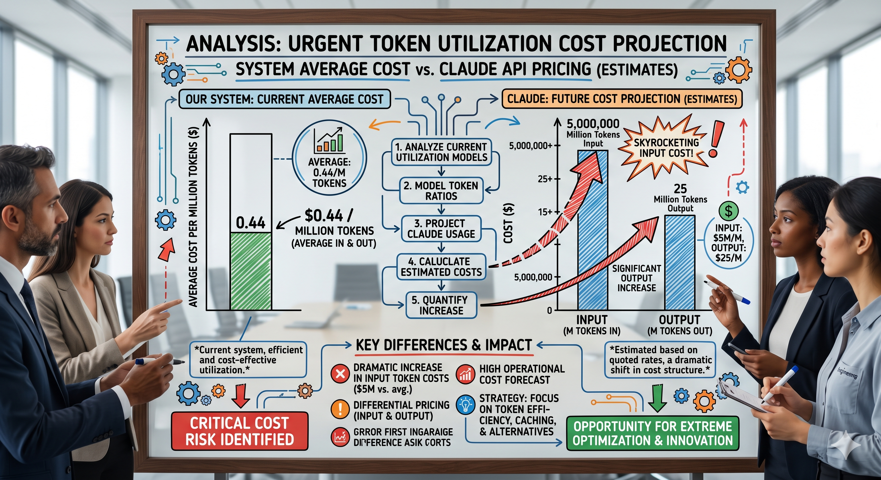 Whiteboard analysis of token utilization cost projections, comparing current system average cost per million tokens to future Claude API pricing estimates